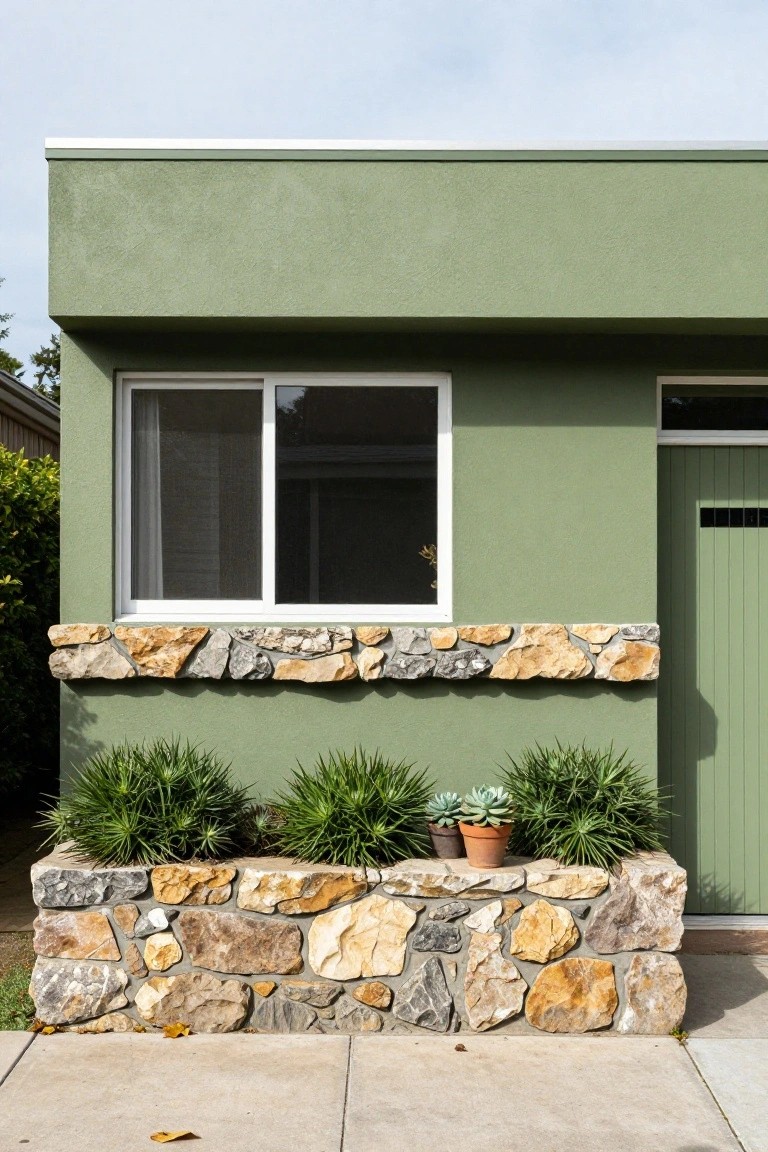 Stone Ledges and Planters on Green Walls