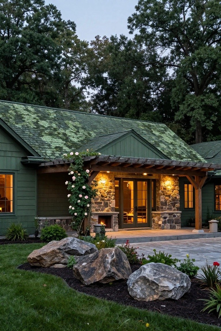 Front exterior of dark green house with mossy shingled roof, wooden porch supported by stone pillars and wall, climbing pink roses on trellis, interior fireplace visible through glass doors, large boulders and plants in front yard at dusk.