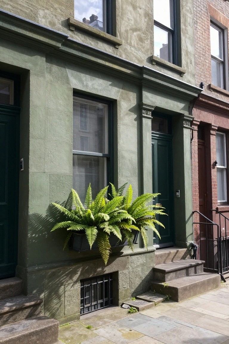 Green-painted stucco townhouse exterior with textured walls, green door, large fern planter in metal basket beside steps, stone base, and barred basement window, next to brick buildings on a paved street.