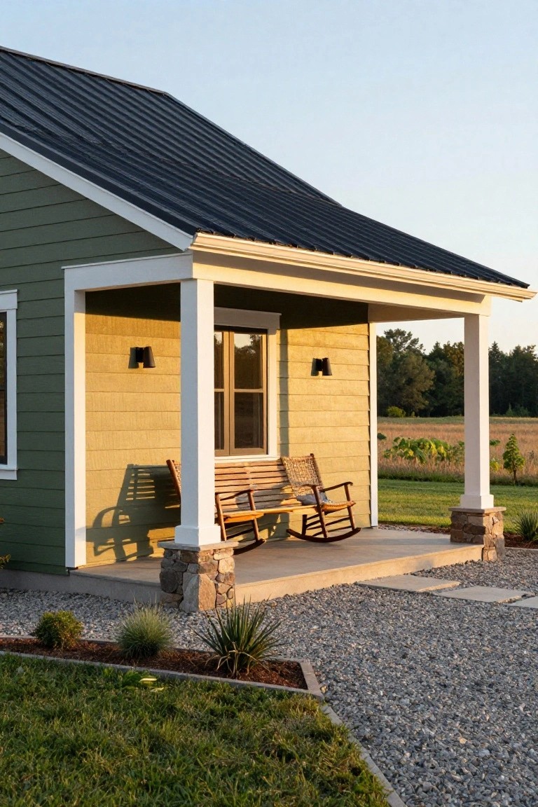 Front view of a small green house with black metal roof, covered porch with white columns and stone pillars, wooden bench and rocking chair on the porch, gravel path, and low plants in the yard.