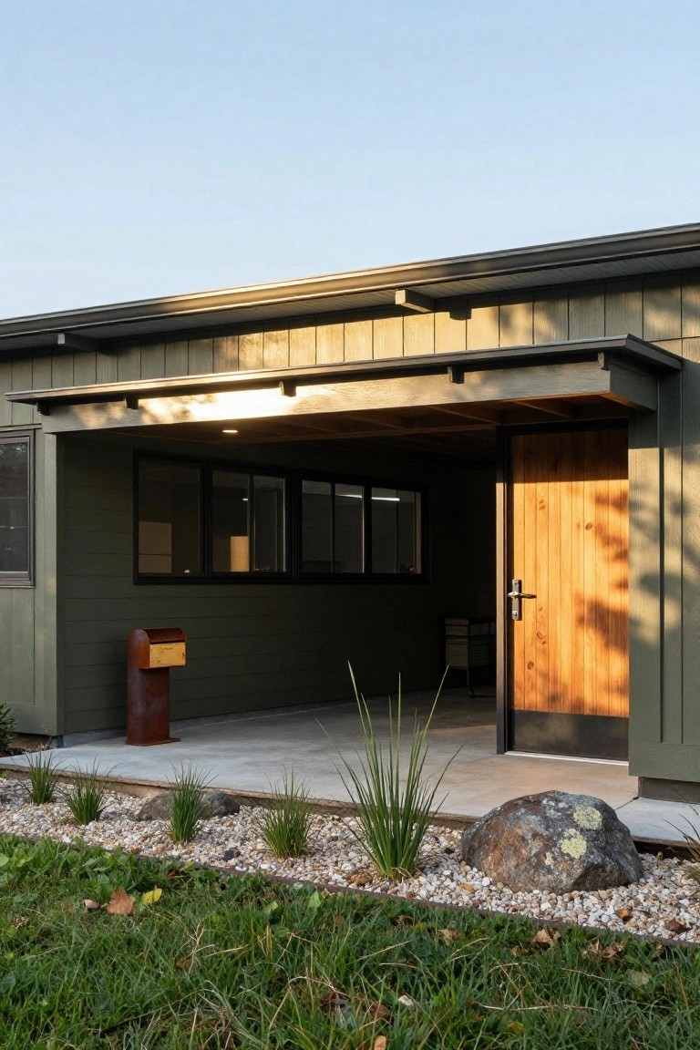 Dark green house exterior with vertical siding under a covered carport overhang, featuring a wooden front door with black frame, black-framed windows, red metal mailbox, concrete pad, grasses, pebbles, rocks, and green lawn in front.