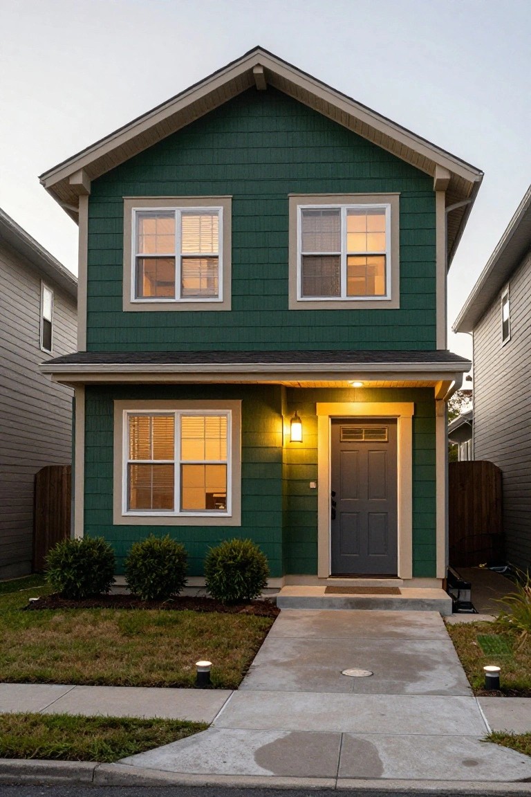 Front exterior of a two-story dark green house with vinyl siding, light trim on windows, dark gray front door with porch light, boxwood shrubs, concrete pathway, and neighboring gray houses at dusk.