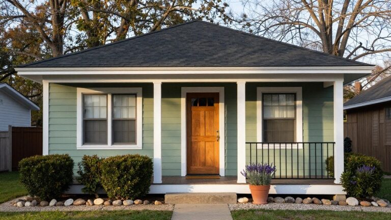 Light green clapboard house with dark shingle gable roof, white trim, small covered porch with black metal railing, nine-pane wooden front door, boxwood shrubs, potted lavender plants, and gravel walkway.