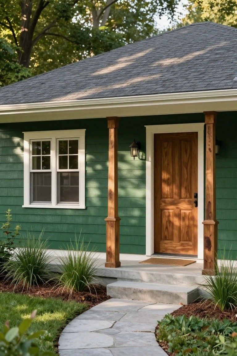 Front view of a small green shingle-style house with vinyl siding, wooden front door, porch supported by timber columns, lantern lights, concrete steps, and a stone walkway edged by low plants and grass.