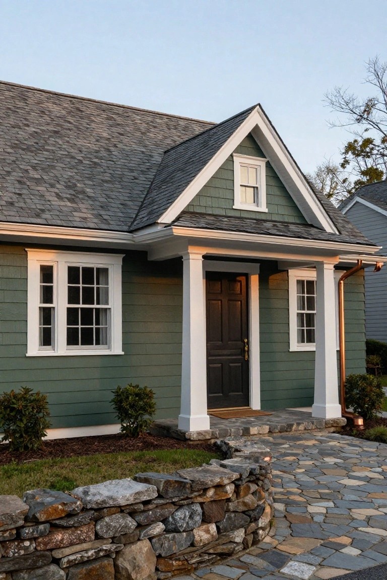 Front exterior view of a green clapboard-sided house with gabled porch, white trim, dark paneled door, white-framed windows, copper downspout, stone retaining wall, and flagstone walkway.