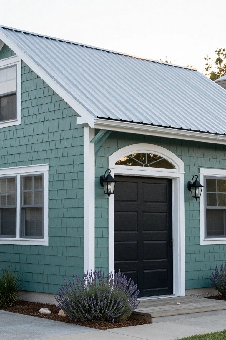 Small cottage-style house exterior with seafoam green shake vinyl siding, white trim, black front door, arched entry window, metal roof, and lavender shrubs by the concrete steps.