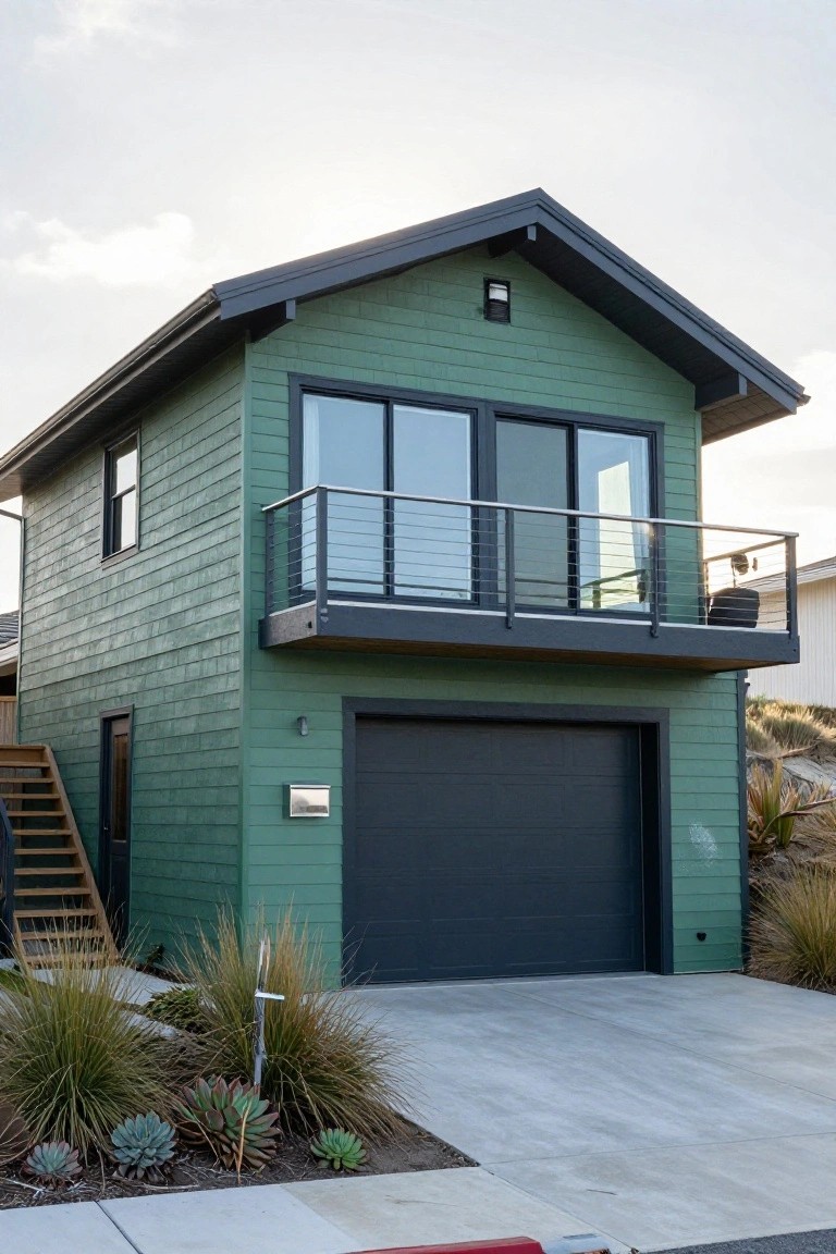 Two-story green house with vertical vinyl siding, black garage door below, metal-railed balcony above, side stairs, and drought-tolerant plants along the driveway.