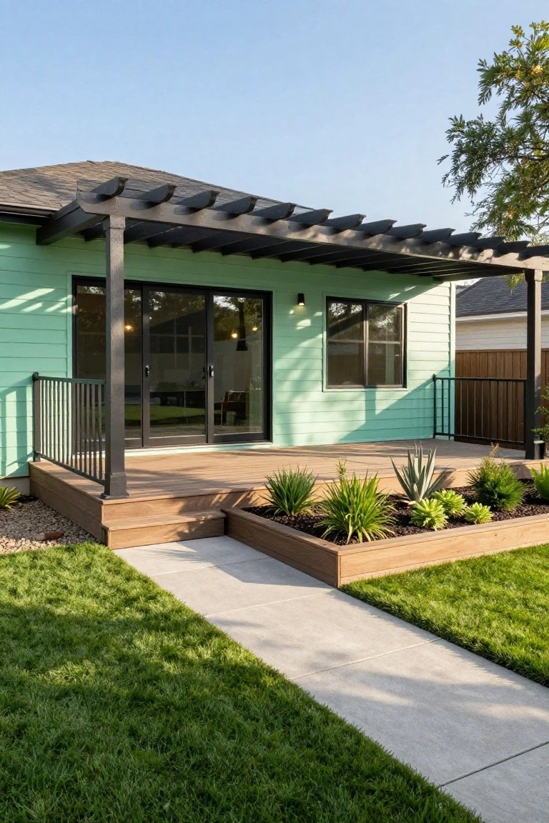 Exterior side view of a light green house with horizontal vinyl siding, black metal pergola over a wooden deck with railing and steps, sliding glass doors and small window, raised wooden planter with succulents and agave plants, concrete path, and green lawn.