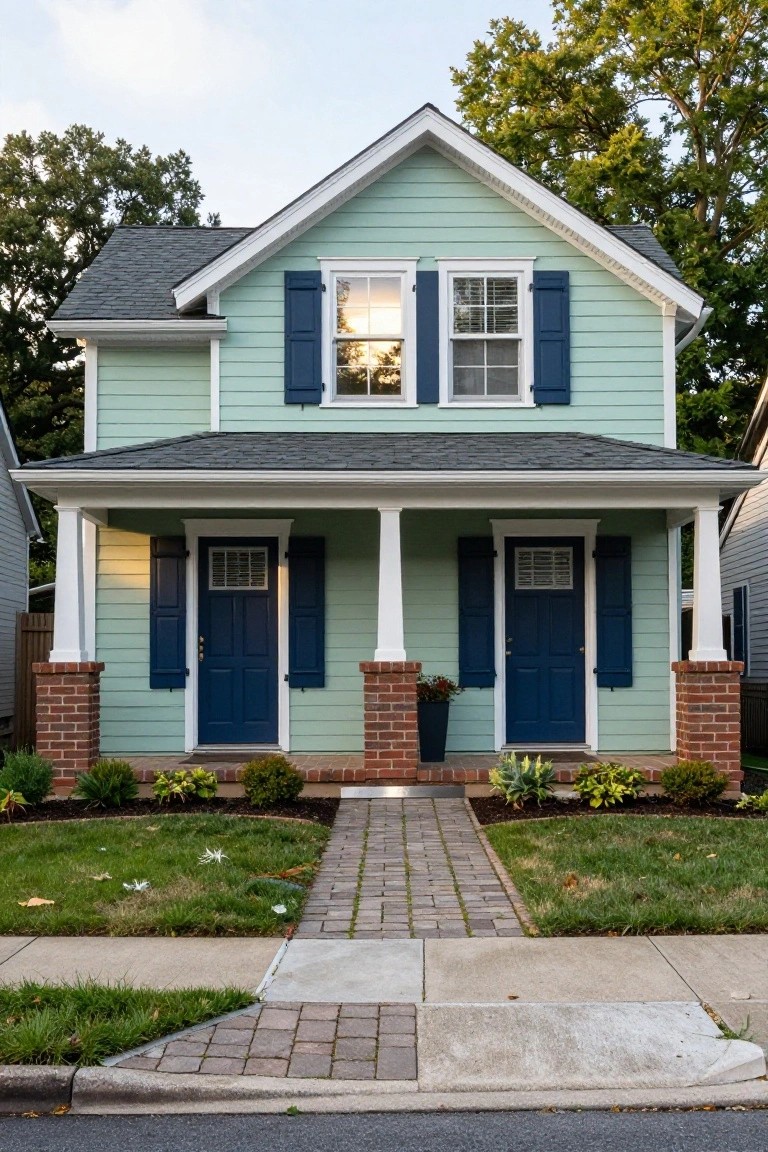 Front exterior of a two-story house with pale green clapboard siding, navy blue double front doors flanked by matching shutters, white trim, brick porch columns, potted plants, and a brick walkway leading to a green lawn.
