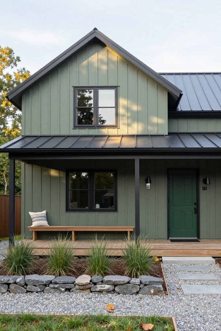 Two-story house exterior with sage green vertical board-and-batten siding, black metal roof and trim, green front door, wooden bench on covered porch, stone wall edging gravel yard with grasses.