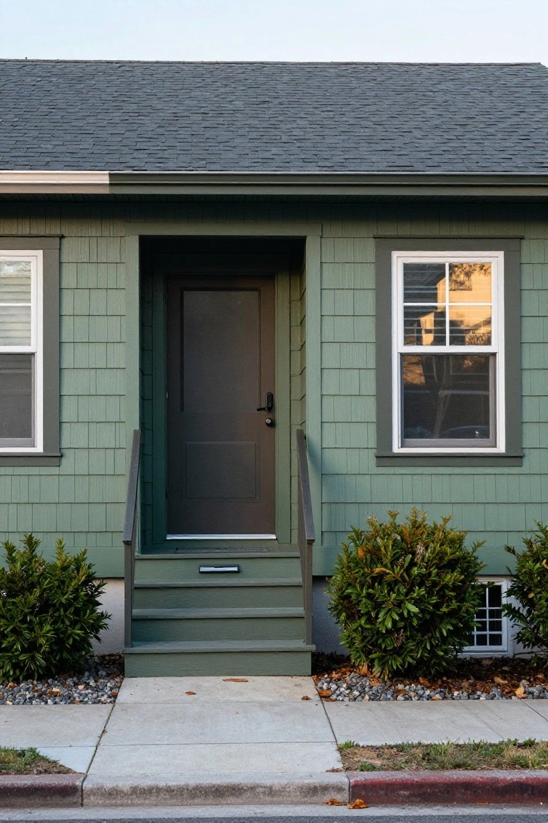 Front view of a single-story green shingle-style vinyl sided house with dark front door, white-framed windows, concrete steps, boxwood shrubs, and gravel mulch along the sidewalk.