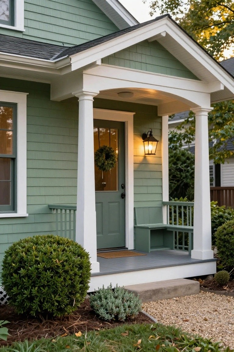Front view of a two-story house with sage green clapboard vinyl siding, white gabled porch supported by columns, double green front door with wreath, wall lantern, bench, boxwood shrubs, and gravel path.