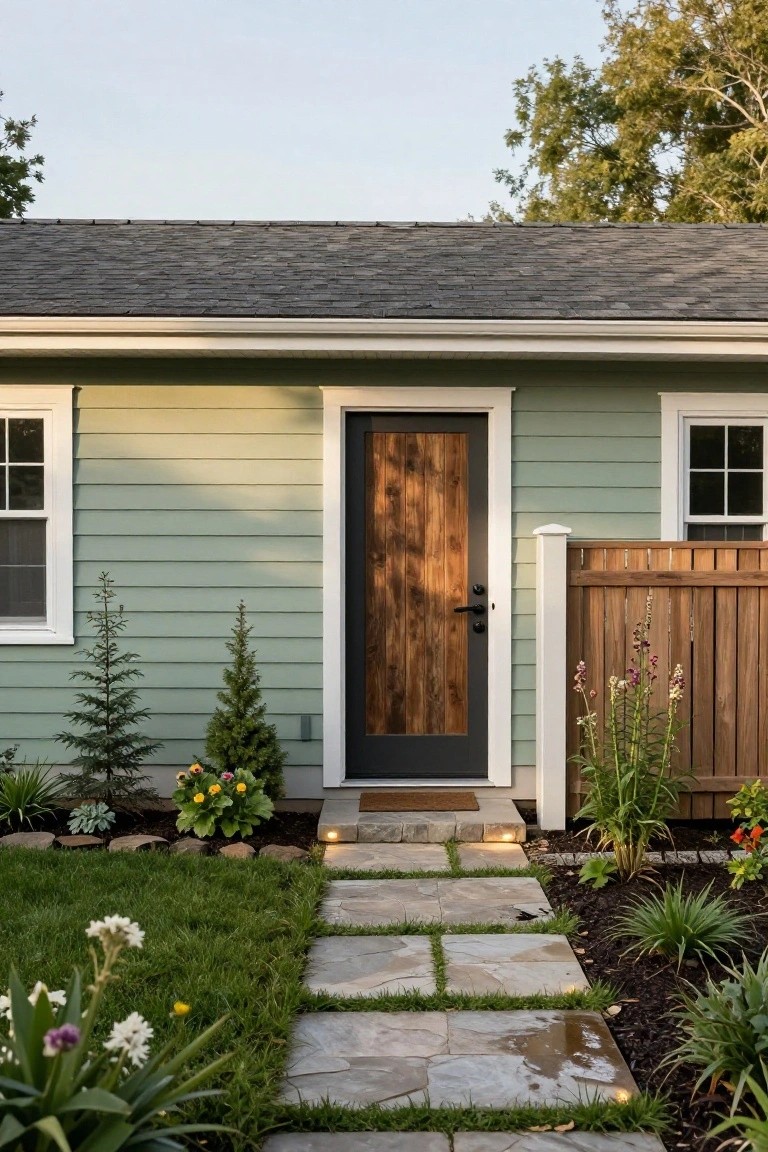Front exterior of a house with pale green siding, dark wood front door, white window trim, small pine trees and flower beds nearby, wood fence section, and flagstone pathway with edge lighting leading from grass lawn to entry.