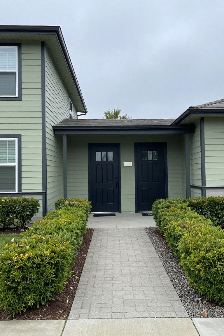 Townhouse exterior with sage green vinyl siding, two black paneled doors under a covered porch, boxwood shrubs lining a paved walkway.