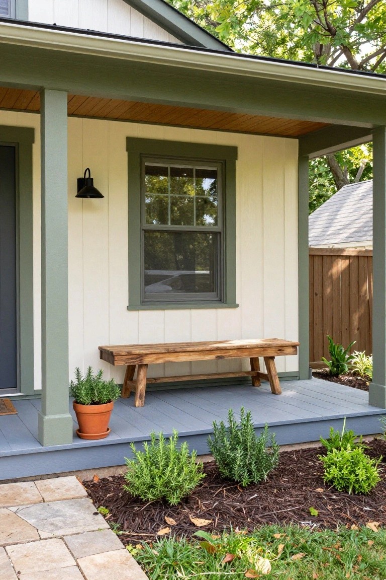 Front porch of a house with light cream vinyl siding, sage green trim on windows and posts, wooden bench on gray porch decking, potted rosemary plant, rosemary shrubs in mulched beds, and stone path.
