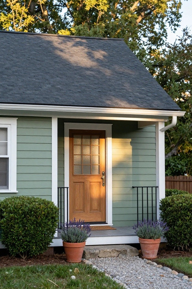 Light green clapboard house with dark shingle gable roof, white trim, small covered porch with black metal railing, nine-pane wooden front door, boxwood shrubs, potted lavender plants, and gravel walkway.
