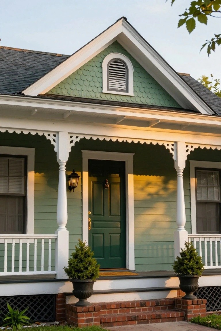 Front view of a seafoam green house with scalloped shingle gable, white-trimmed porch supported by turned columns and decorative brackets, green front door, lantern light, and potted topiary plants on brick steps.