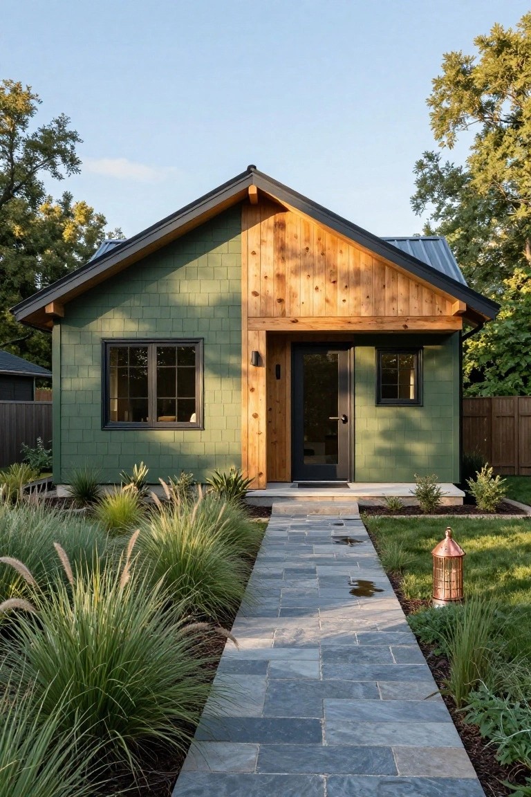 A small single-story house with dark green shingle siding, a prominent light wood gable and entry surround, black-framed windows, a black door, and a slate stone pathway bordered by ornamental grasses in a yard with trees.