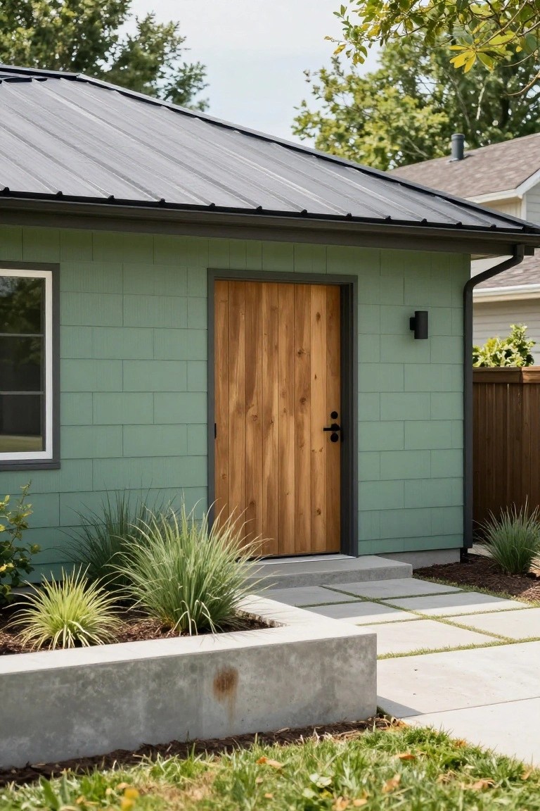 Mint green vertical board-and-batten vinyl siding on a small house exterior with a light-stained vertical grain wood door, black lockset, concrete entry steps, low grasses in raised bed, and gravel path.