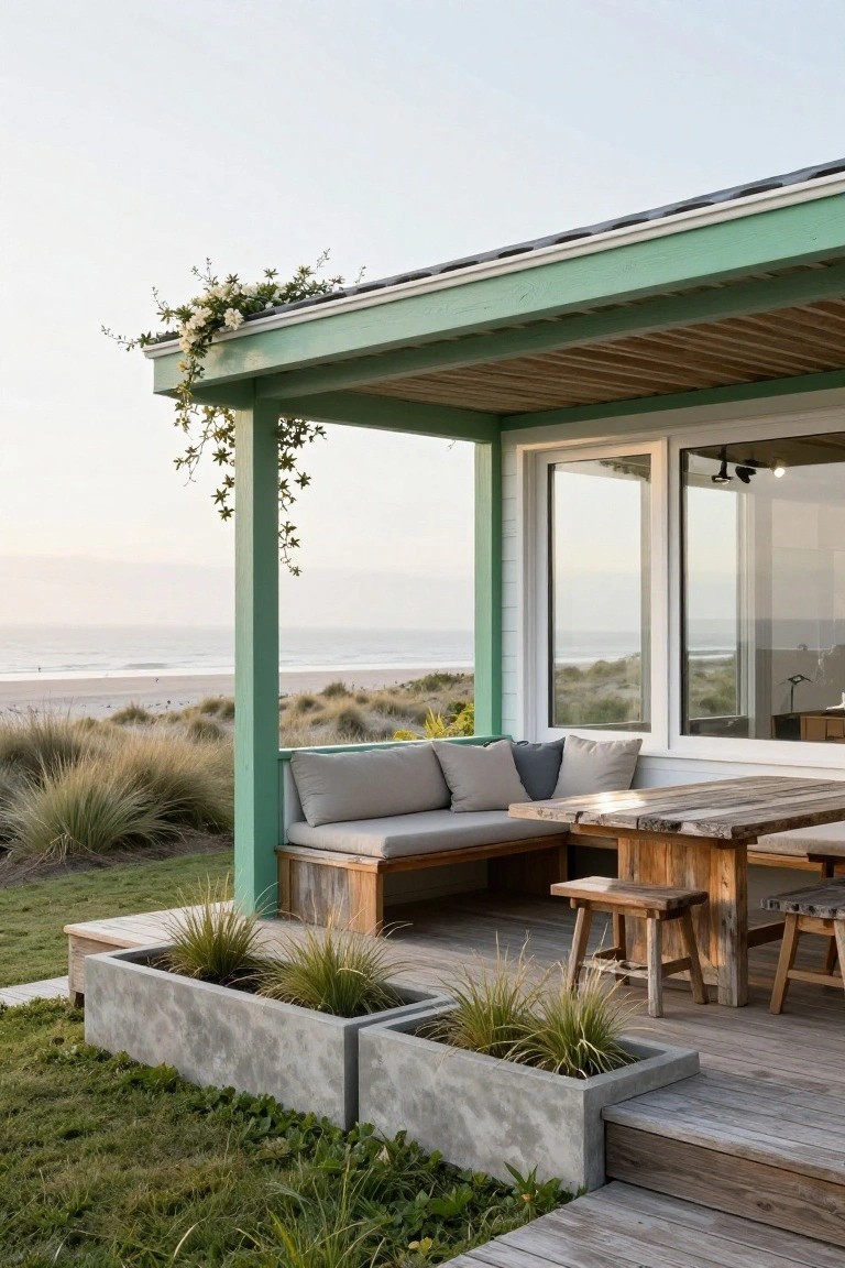 Green wooden porch with built-in gray bench seating around a rustic wooden table and stools, large white-framed windows overlooking beach dunes, potted grasses nearby.