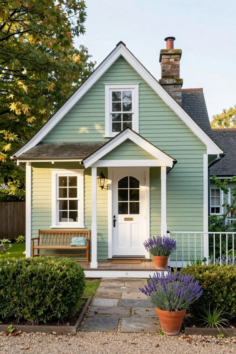 Pale green clapboard cottage with white trim, gabled roof, covered front porch, white arched door, wooden bench, potted lavender plants, boxwood shrubs, stone path, and gravel driveway under autumn trees.