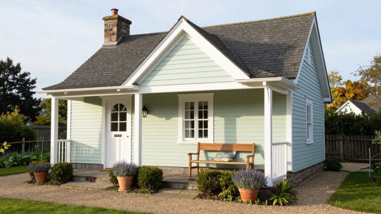 Pale green clapboard cottage with white trim, gabled roof, covered front porch, white arched door, wooden bench, potted lavender plants, boxwood shrubs, stone path, and gravel driveway under autumn trees.