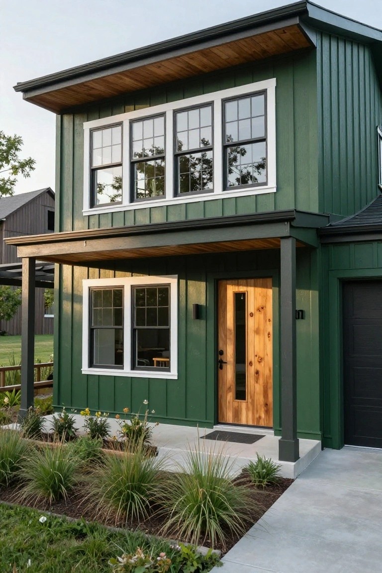 Two-story green vertical board-and-batten house exterior with white trim on large multipane windows, wooden front door under a covered porch, black garage door, and low landscaping along the front walk.