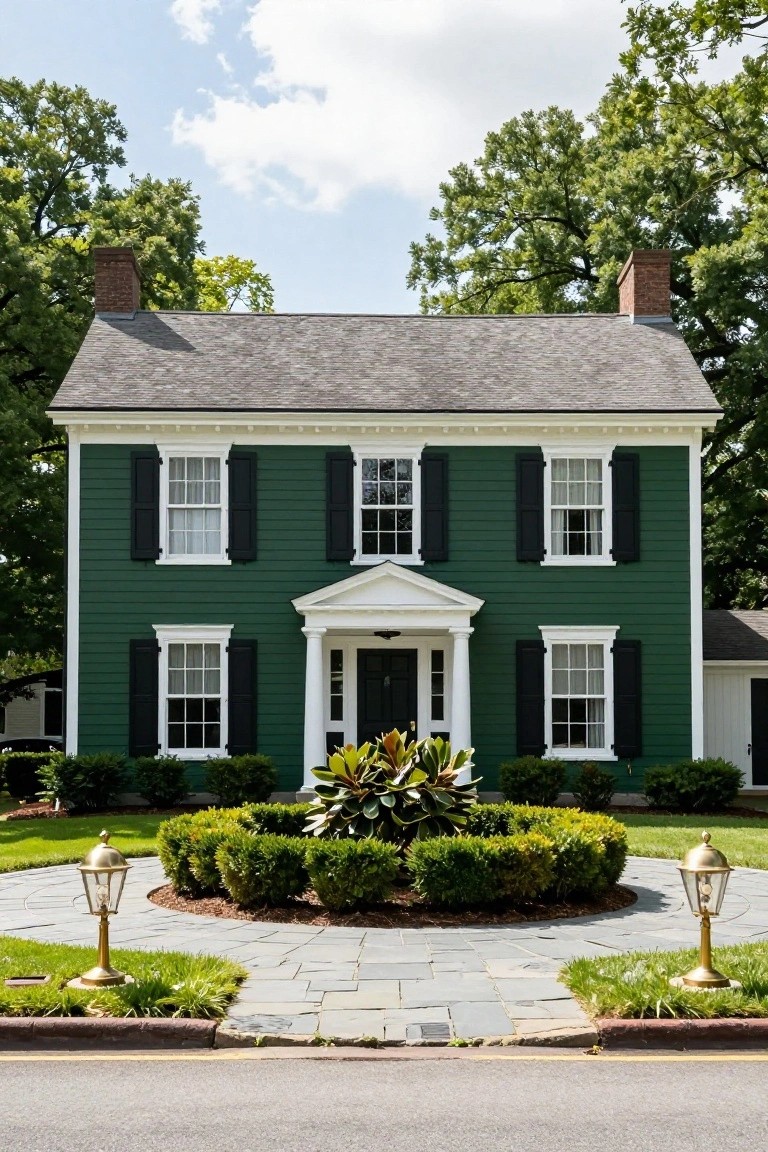 Two-story hunter green clapboard house with white trim, black shutters, centered white portico entrance, flanked by trees and a landscaped circular driveway with gold lanterns.