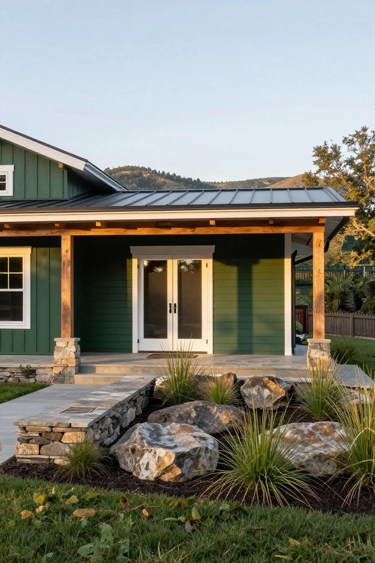 Green board-and-batten house exterior with white-trimmed French doors and side window under a covered porch supported by wooden posts, stone steps, large boulders, and grasses in the front yard with hills and trees in the background.