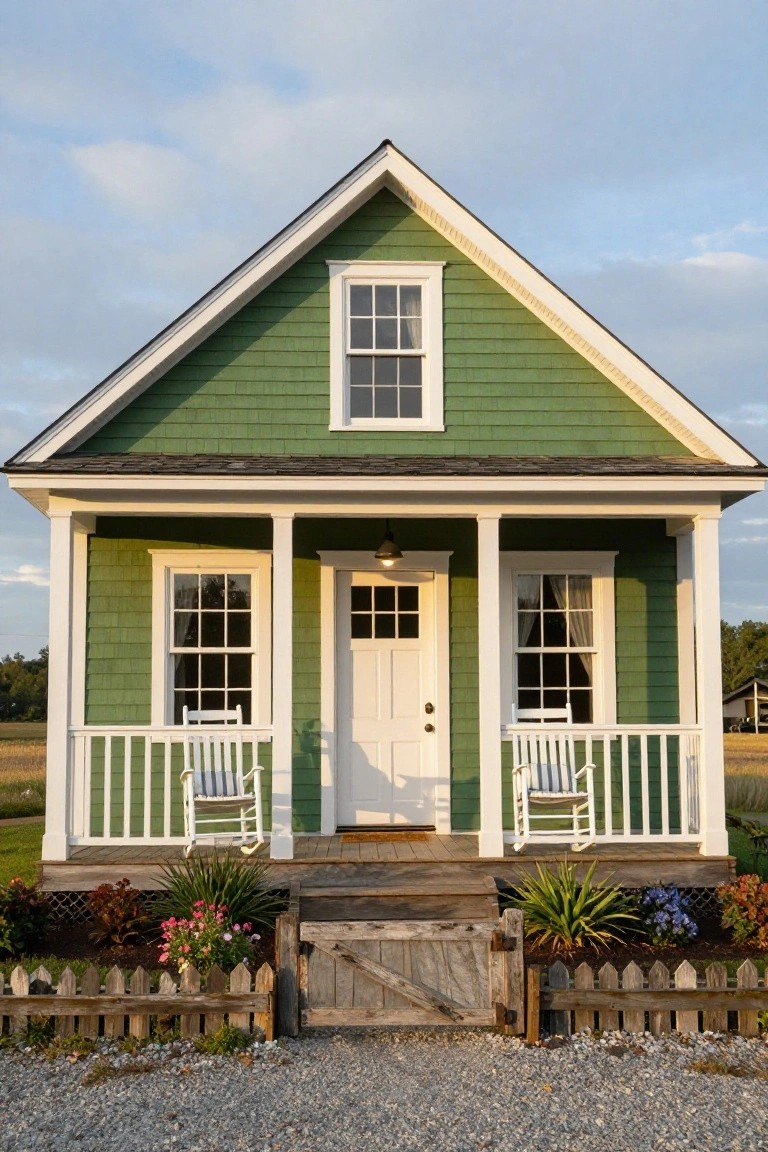 A small green shingled cottage with white trim, front porch with two white rocking chairs, wooden gate, flower beds, and white picket fence on gravel in front of fields.