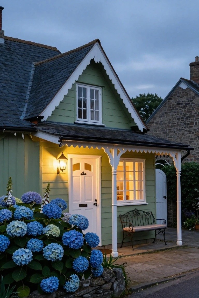 A small mint-green clapboard cottage with white trim, gabled roof, covered front porch with lantern light, white door, wrought-iron bench, and blue hydrangea bushes at dusk.