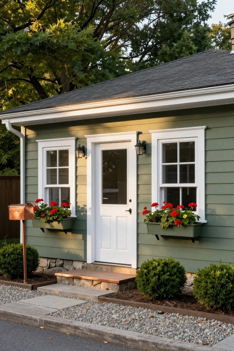 Small sage green clapboard house with white window and door trim, red geraniums in green window boxes, copper mailbox on post, boxwood shrubs, stone steps, and gravel path in front.