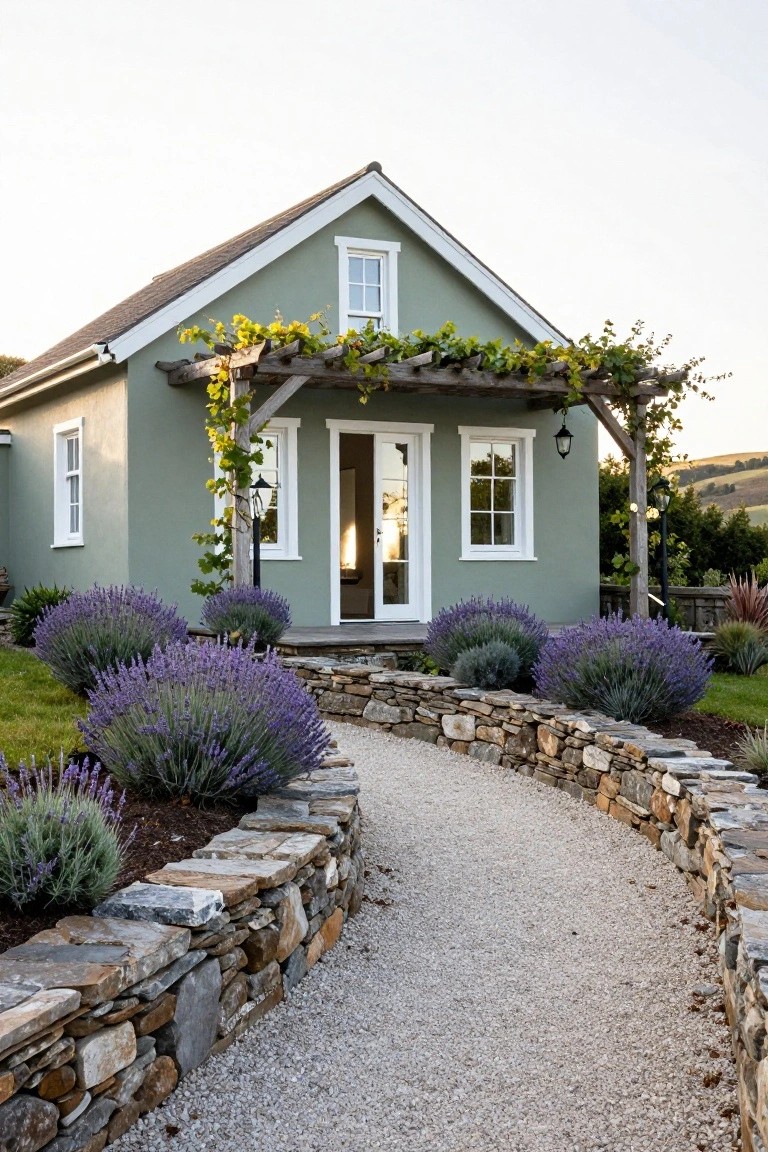 Sage green cottage house with white window and door trim, grape vine-covered wooden pergola over the entrance, lavender bushes along a curving gravel path edged in stone walls, set against a hilly landscape at sunset.