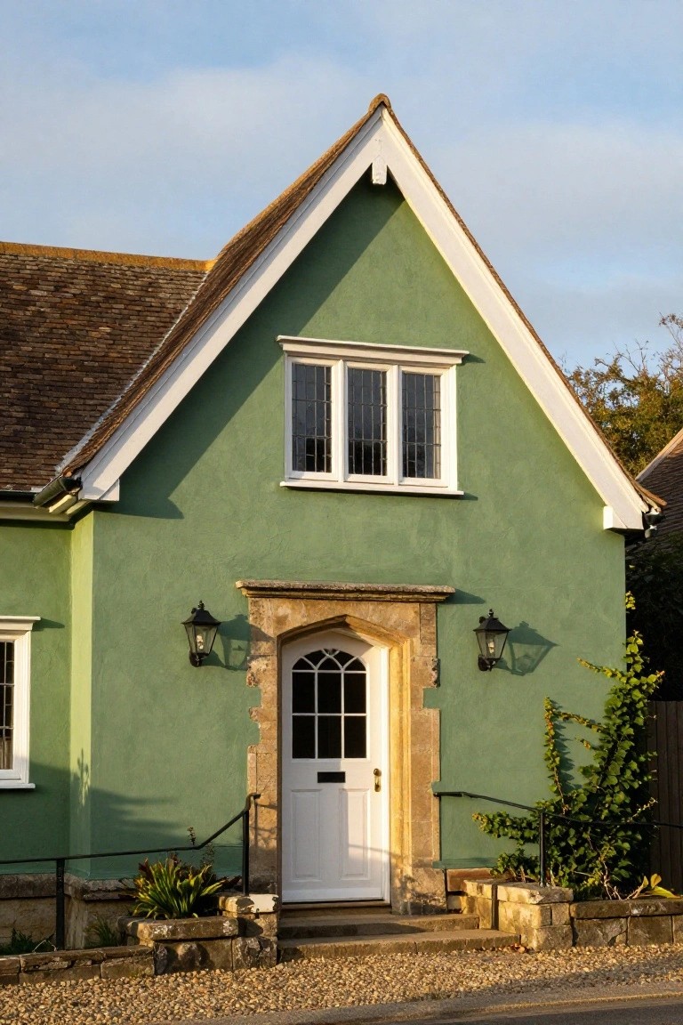 Green-painted gabled cottage house with white window frames and trim, stone arched entryway with white door and lanterns, plants in stone planters, gravel path in front.