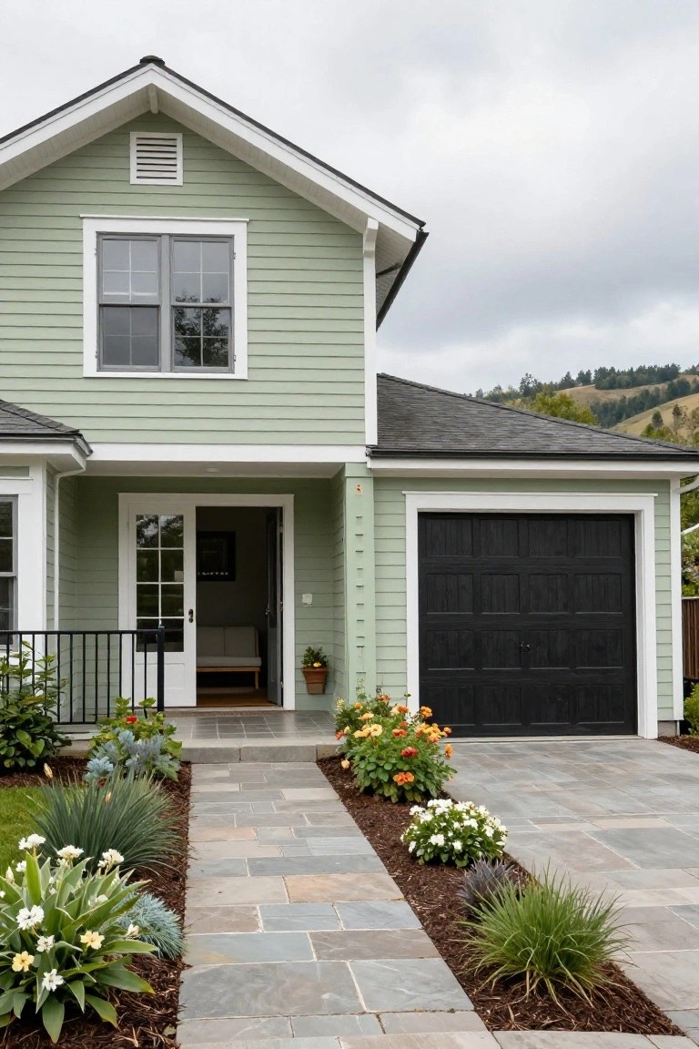 Front view of a two-story sage green house with white trim, gabled roof, double glass doors at the entry, black garage door, stone paver pathway, and landscaped beds with flowers and grasses.
