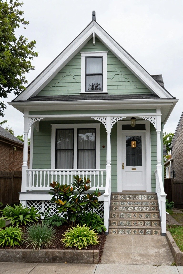 A pale green shingle-sided house with white trim, featuring a covered front porch with ornate brackets and columns, double-hung windows with curtains, a white door, and tiled steps leading to the entry amid low landscaping.