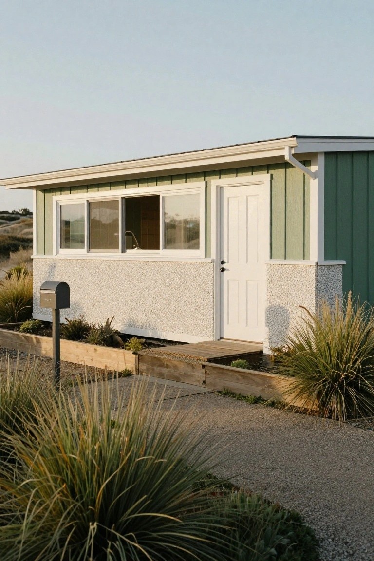 Small green vertical board-and-batten house with white door, sliding windows, pebbled white lower walls, mailbox post, raised garden bed, and native grasses on a gravel path.