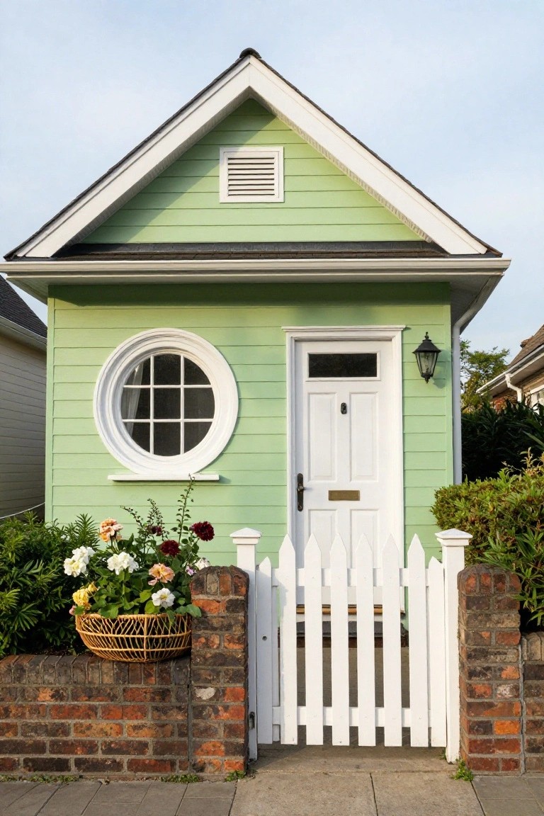 Small pale green gabled house with white trim, round window, white front door, exterior lantern light, white picket fence with brick pillars, wicker basket of flowers, and surrounding shrubs on a paved path.