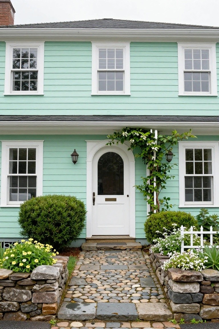 Two-story mint green clapboard house with white window frames and trim, arched white front door with lantern light, flanked by green shrubs and white flowers, pebble path bordered by stone walls.