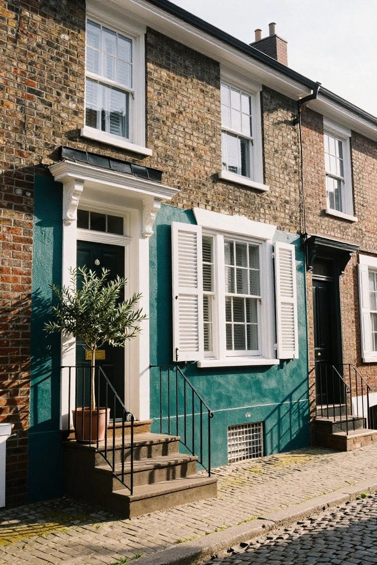 Row of brick terraced houses on a cobblestone street, with a central teal-painted house featuring white window frames, open shutters, a dark green front door, black railings, steps, a potted olive tree, and adjacent brick houses.