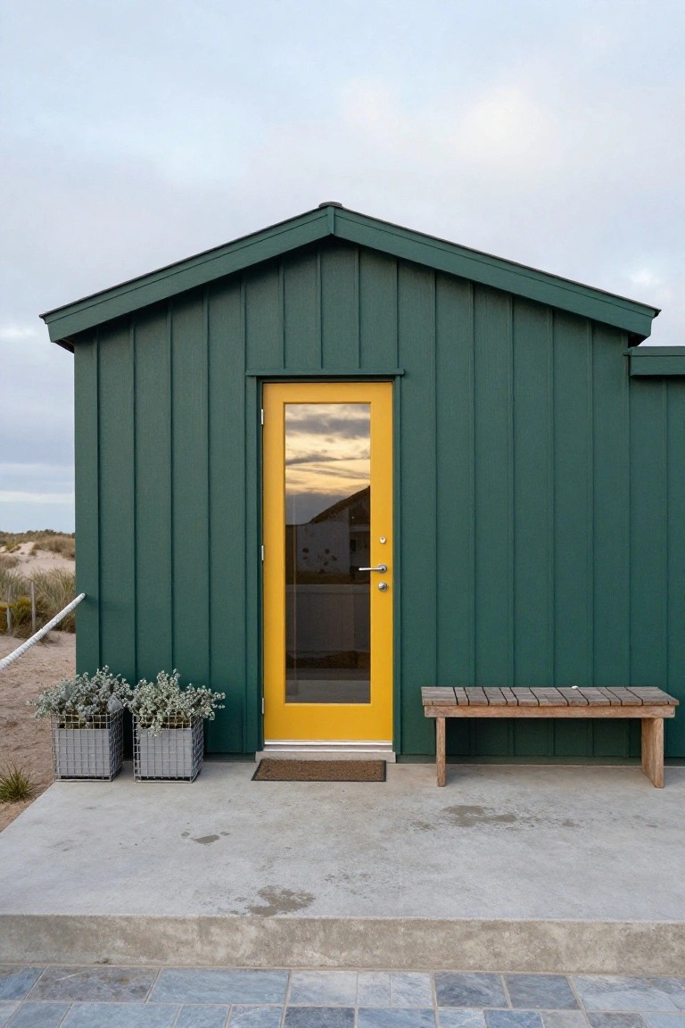 Small green clapboard cabin with yellow glass-paneled door, two potted silver-leaf plants, wooden bench on concrete porch, sandy dunes and railing in background.