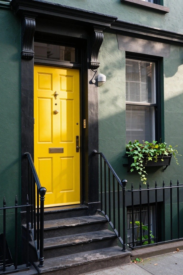 Dark green townhouse exterior with bright yellow front door, brass knocker and letterbox, black metal steps and railing, ivy window box, and upper windows.