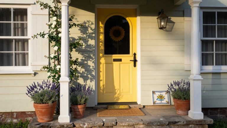 A yellow paneled front door with glass panels and a sunflower wreath on a house with sage green trim and siding, flanked by terra cotta pots of lavender and climbing white roses on white exterior walls.