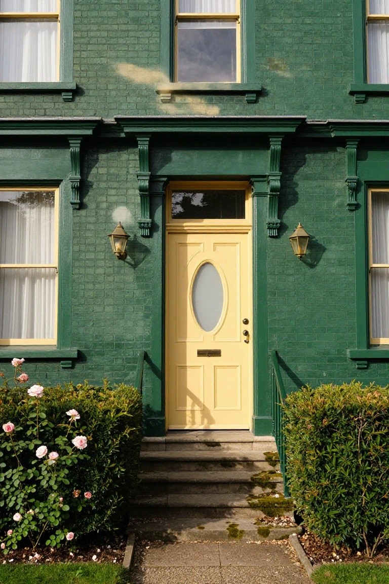 Green brick two-story house exterior with yellow paneled front door featuring an oval window, flanked by brass lanterns, pink rose bushes, boxwood hedges, and stone steps leading to a concrete path.