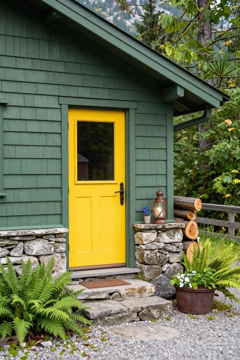 Close-up of a dark green shingle cabin's yellow front door with glass panel, flanked by stone steps, rustic lantern, firewood stack, ferns in pots, and gravel path amid trees and mountains.