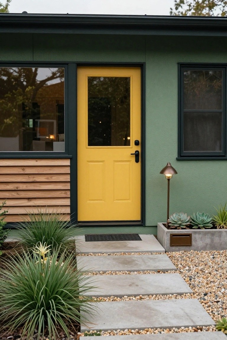 Sage green house exterior with yellow paneled front door, black door knob, adjacent windows with dark frames, horizontal wood siding accent, concrete step path, metal path light, concrete planter with succulents, and ornamental grasses.