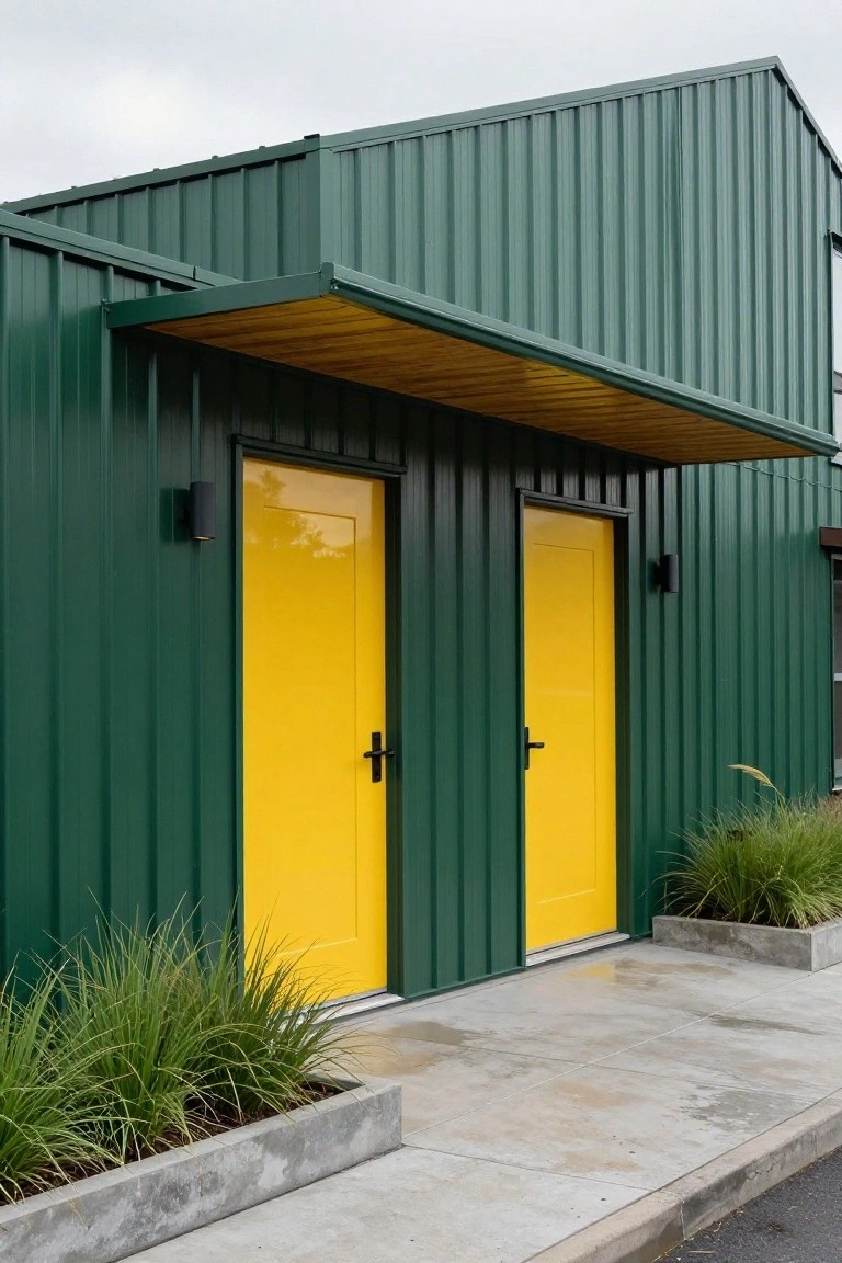 Green corrugated metal building with two side-by-side yellow doors, black wall-mounted lights, wooden overhang canopy, ornamental grasses in concrete planters, and wet concrete walkway in front.