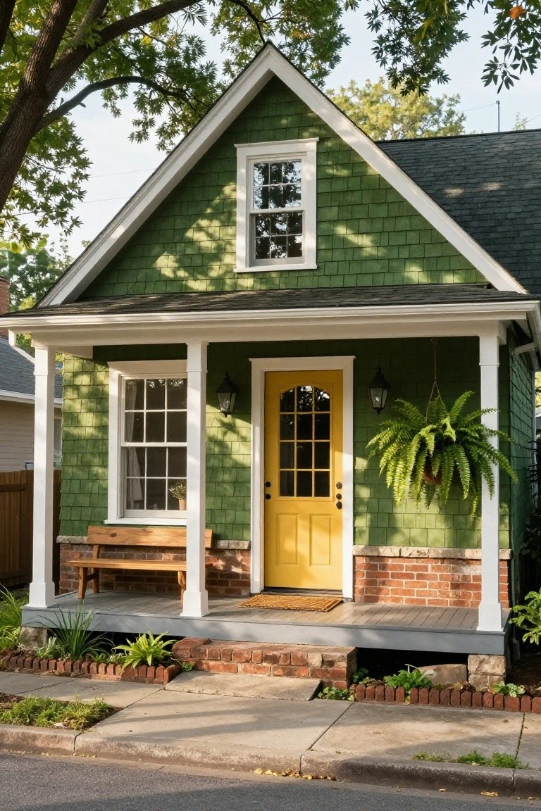 Small green shingled house with white trim, yellow front door, porch bench, hanging fern plant, brick foundation, and low landscaping along the sidewalk.