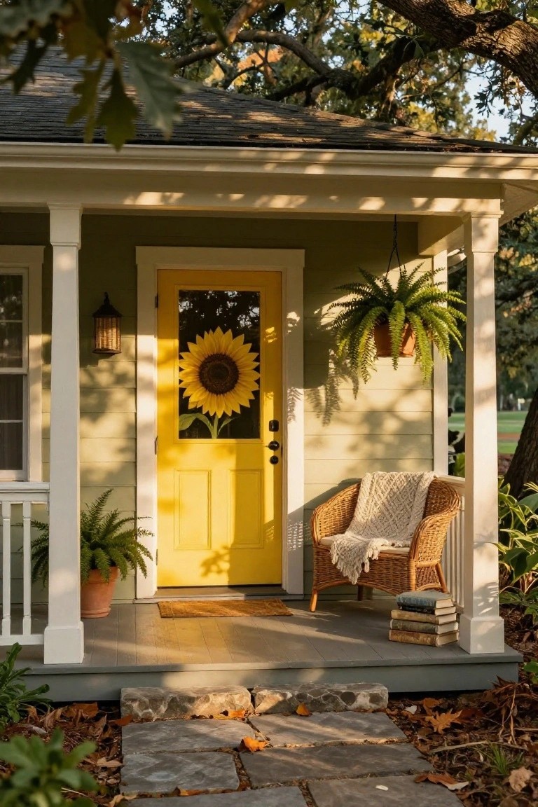 Sage green cottage exterior with yellow front door featuring a sunflower decal on the glass panel, white porch columns, hanging fern plant, potted ferns, wicker chair with blanket and stacked books, lantern light, stone pathway, and surrounding oak trees with fall leaves.