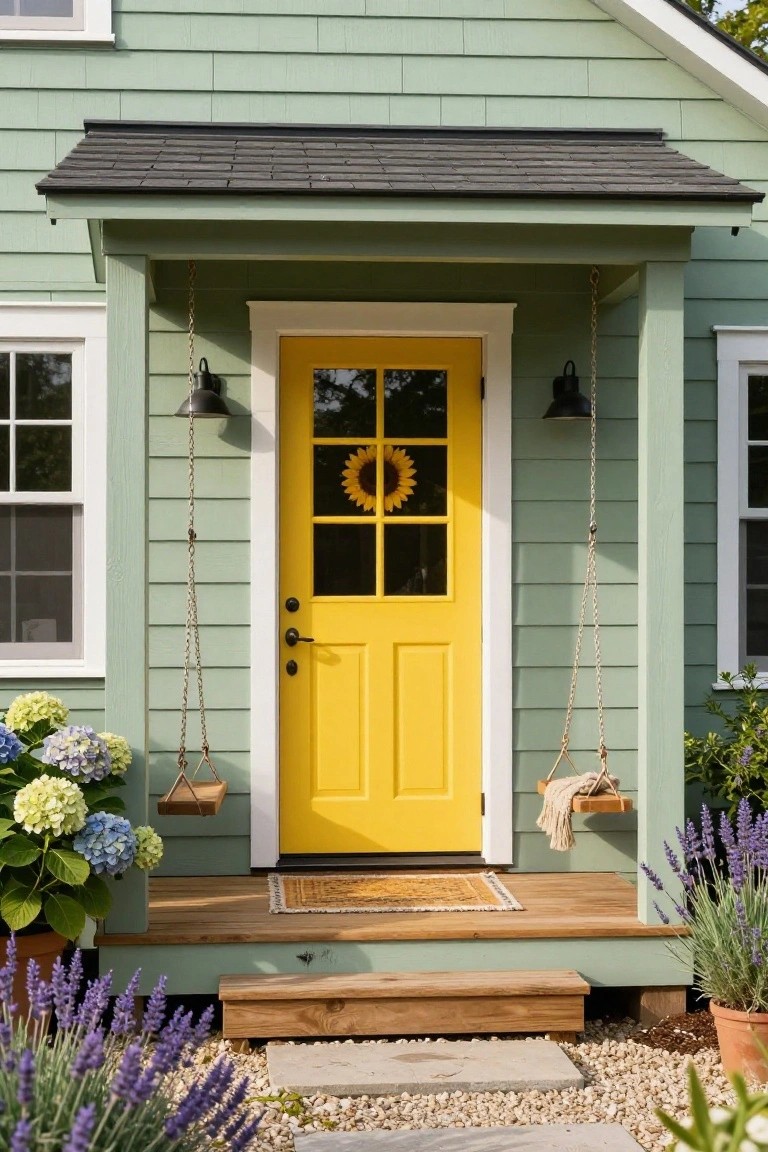 Mint green shingle house exterior with yellow paneled front door under small covered porch, flanked by hanging black lanterns and porch swing, sunflower wreath on door, hydrangea and lavender plants on wooden porch steps with gravel path.